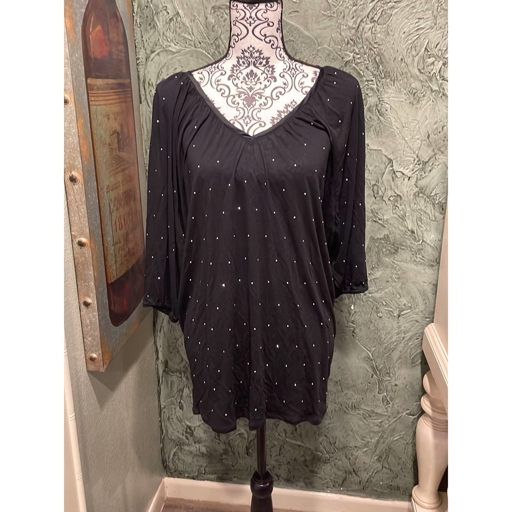 White House Black Market Size L Black Silver Studded Batwing Sleeve Top